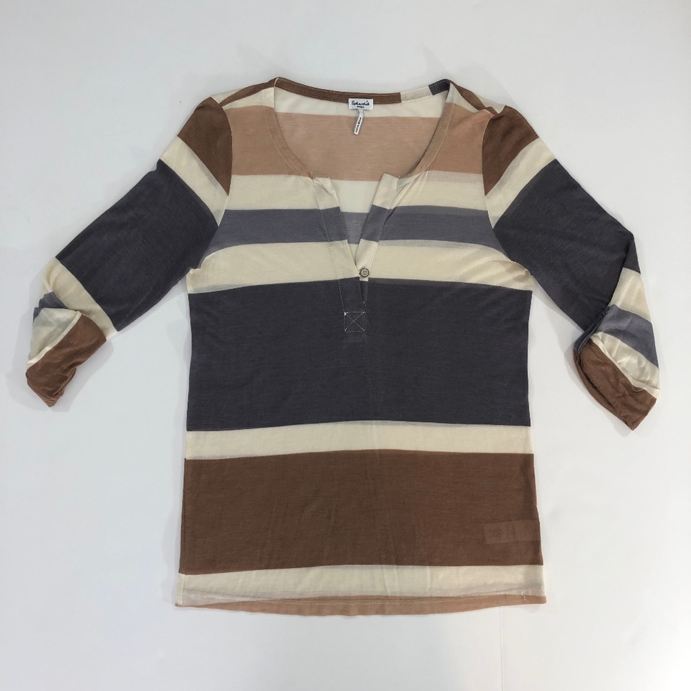 SPLENDID 3/4 Sleeve Striped Button V-Neck Top S
